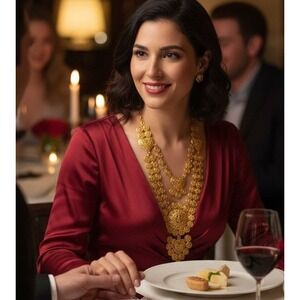 Gold Tone Elegant Middle East Bridal Style Necklace Intricate Designs Hearts 31"